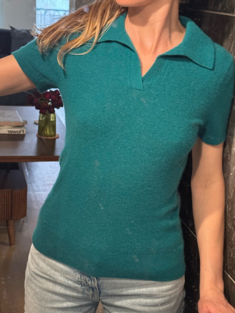 J Crew Teal Short-Sleeve Cashmere Polo Sweater - Women's Top